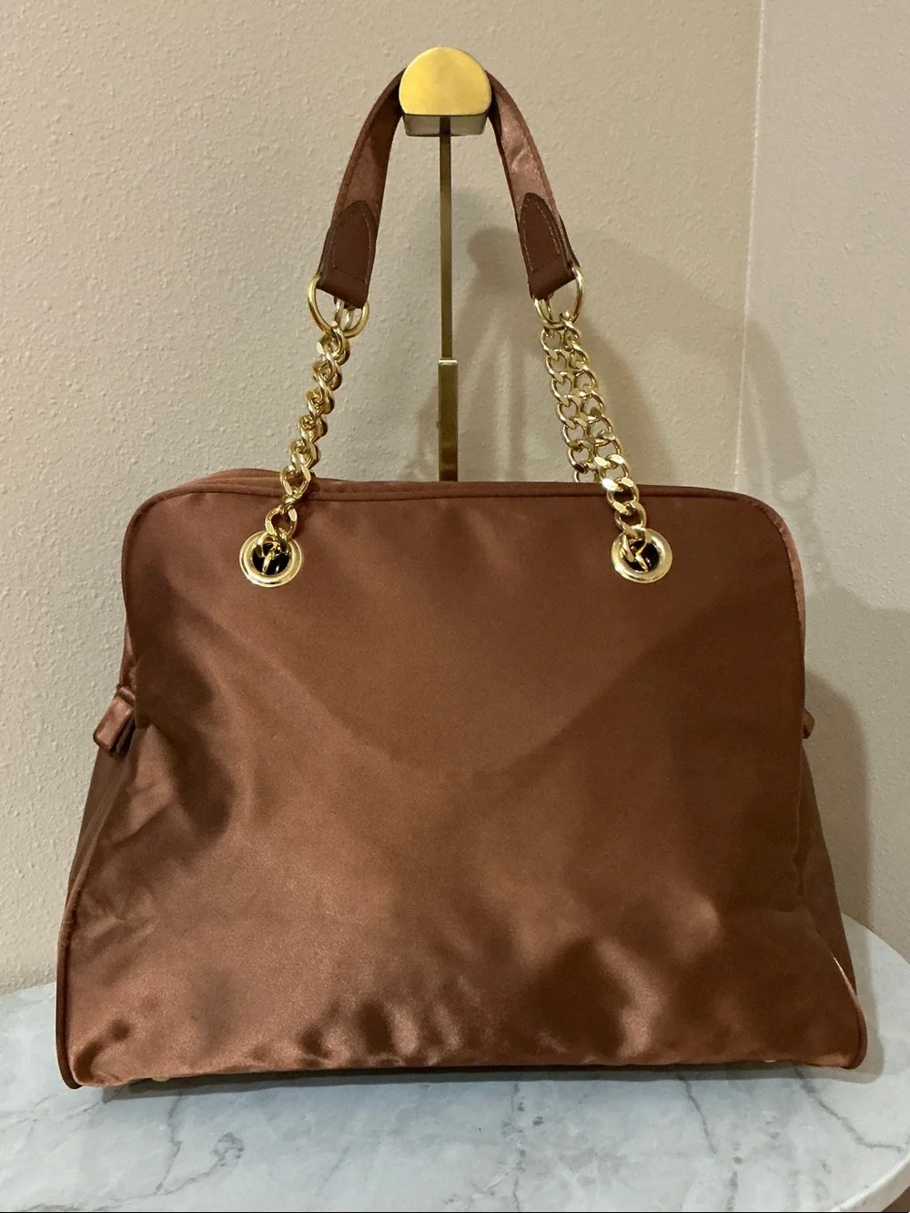 Valentino Garavani Brown Satin Shoulder Bag With Gold Chain Handles (COA) Inc.